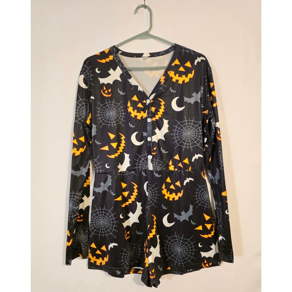 Halloween Jack-O-Lantern Spider Web Long Sleeve Romper Black Orange Women Large